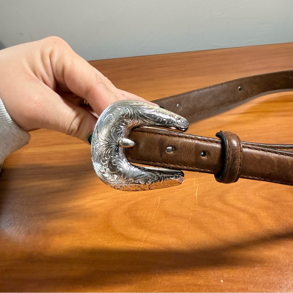 Tony Lama Women Brown Leather Silver Heart Engraved Western Belt Concho Taper 34 - Picture 3 of 7